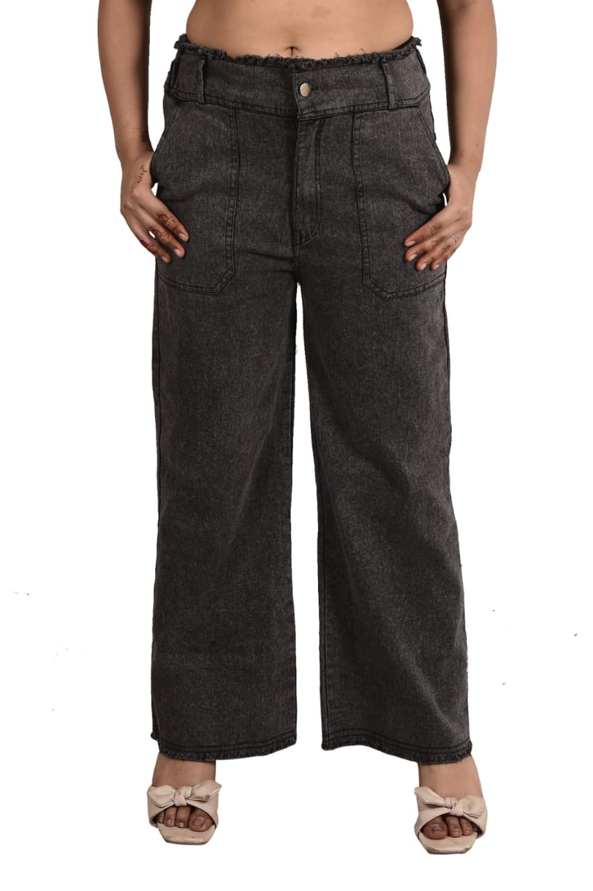 Stylish Black Denim Wide-Leg Pants with Frayed Waistband
