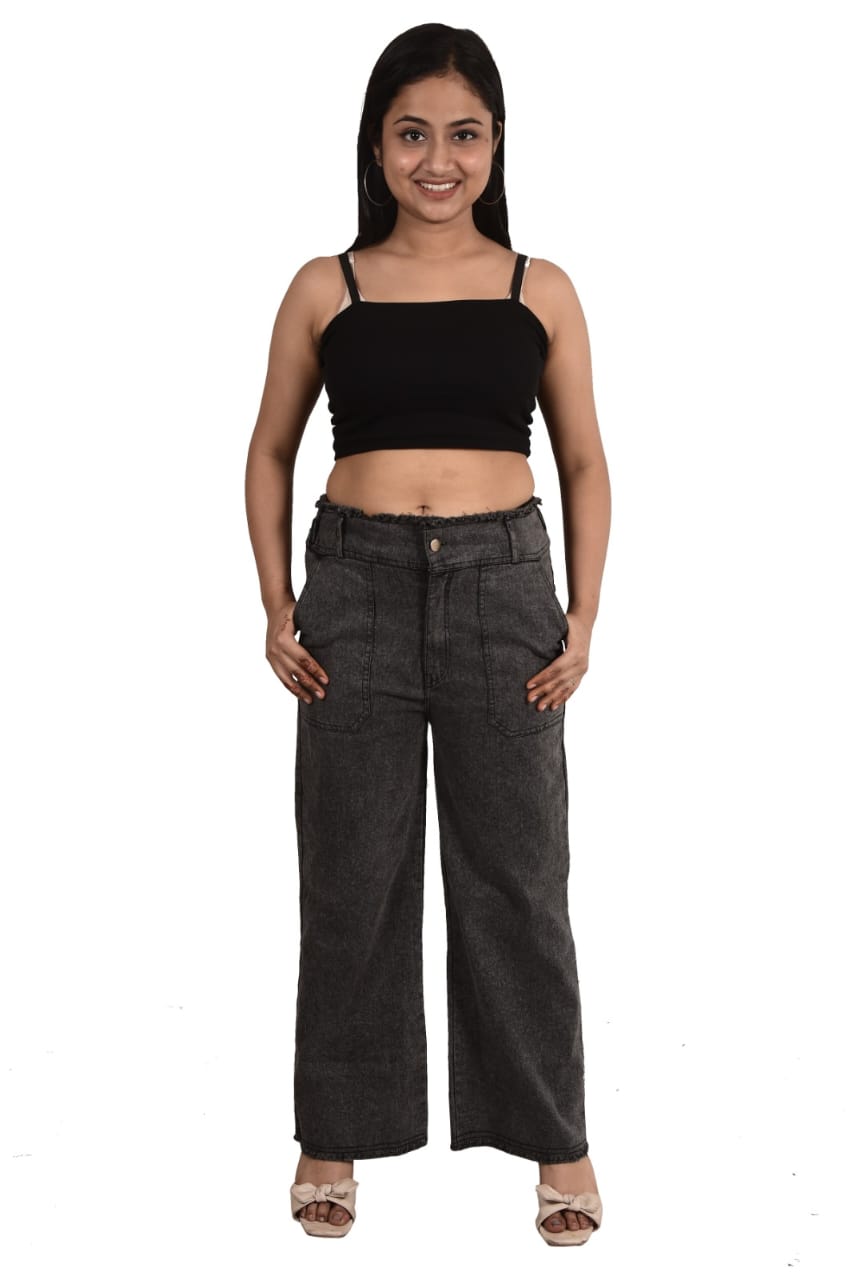 Stylish Black Denim Wide-Leg Pants with Frayed Waistband