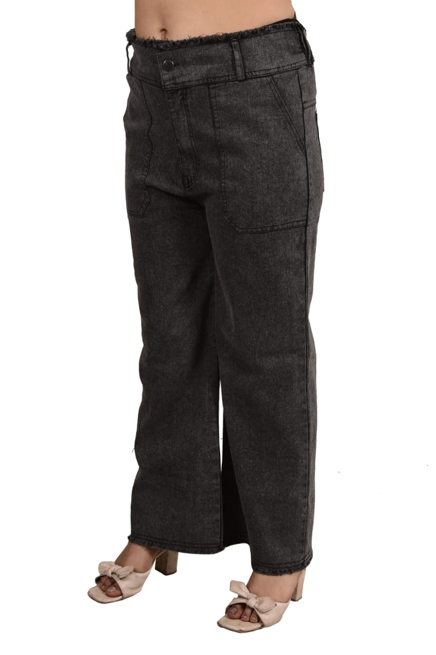 Stylish Black Denim Wide-Leg Pants with Frayed Waistband