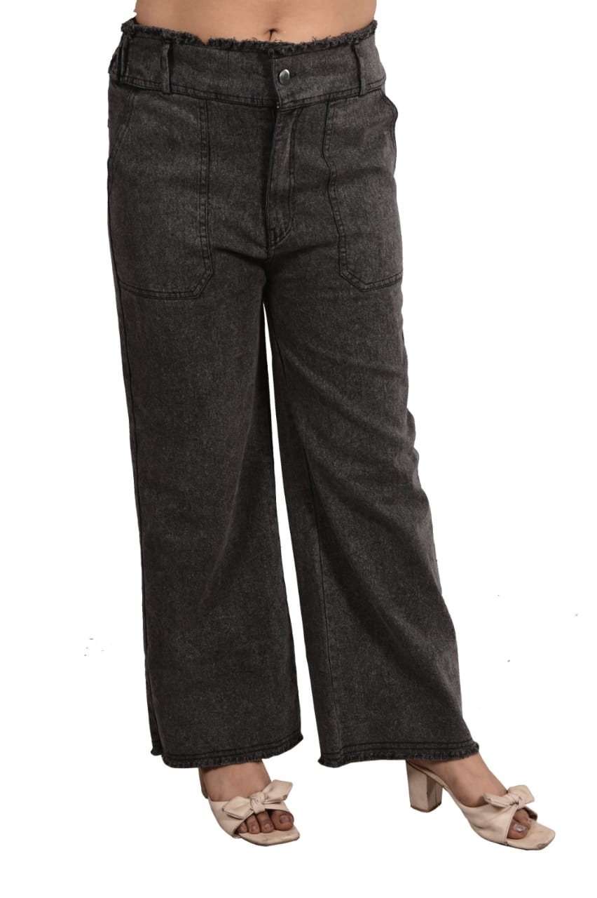 Stylish Black Denim Wide-Leg Pants with Frayed Waistband