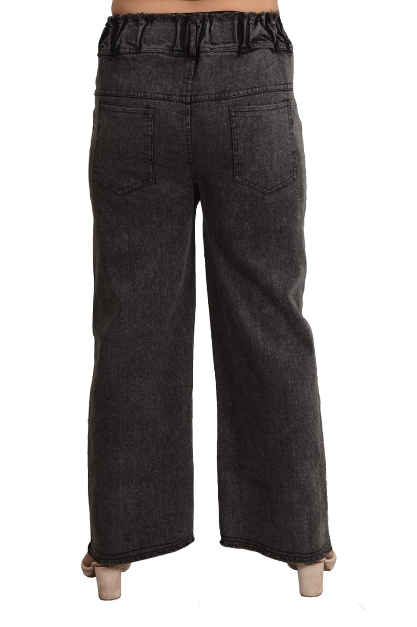 Stylish Black Denim Wide-Leg Pants with Frayed Waistband