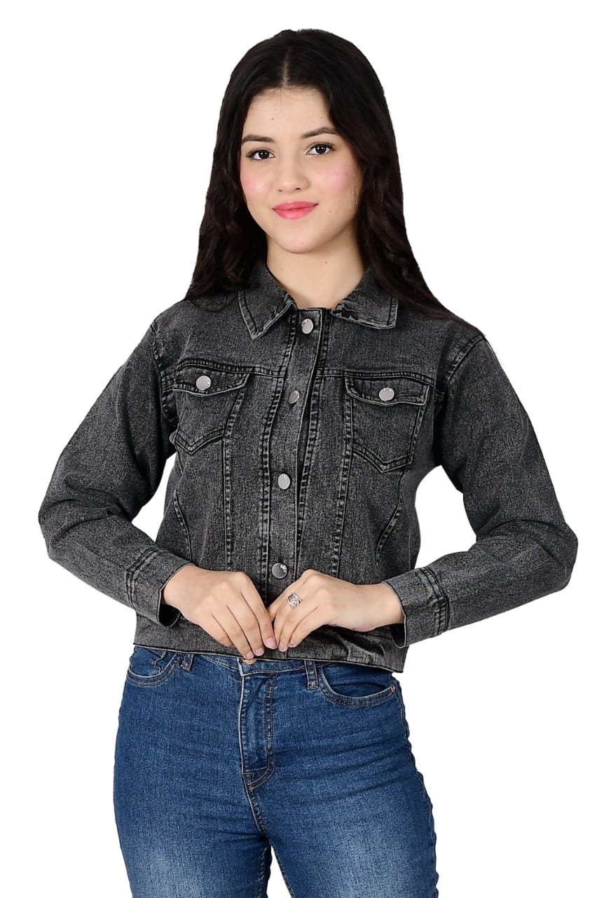 Women’s Black Washed Denim Jacket | Stylish Slim Fit Casual Wear