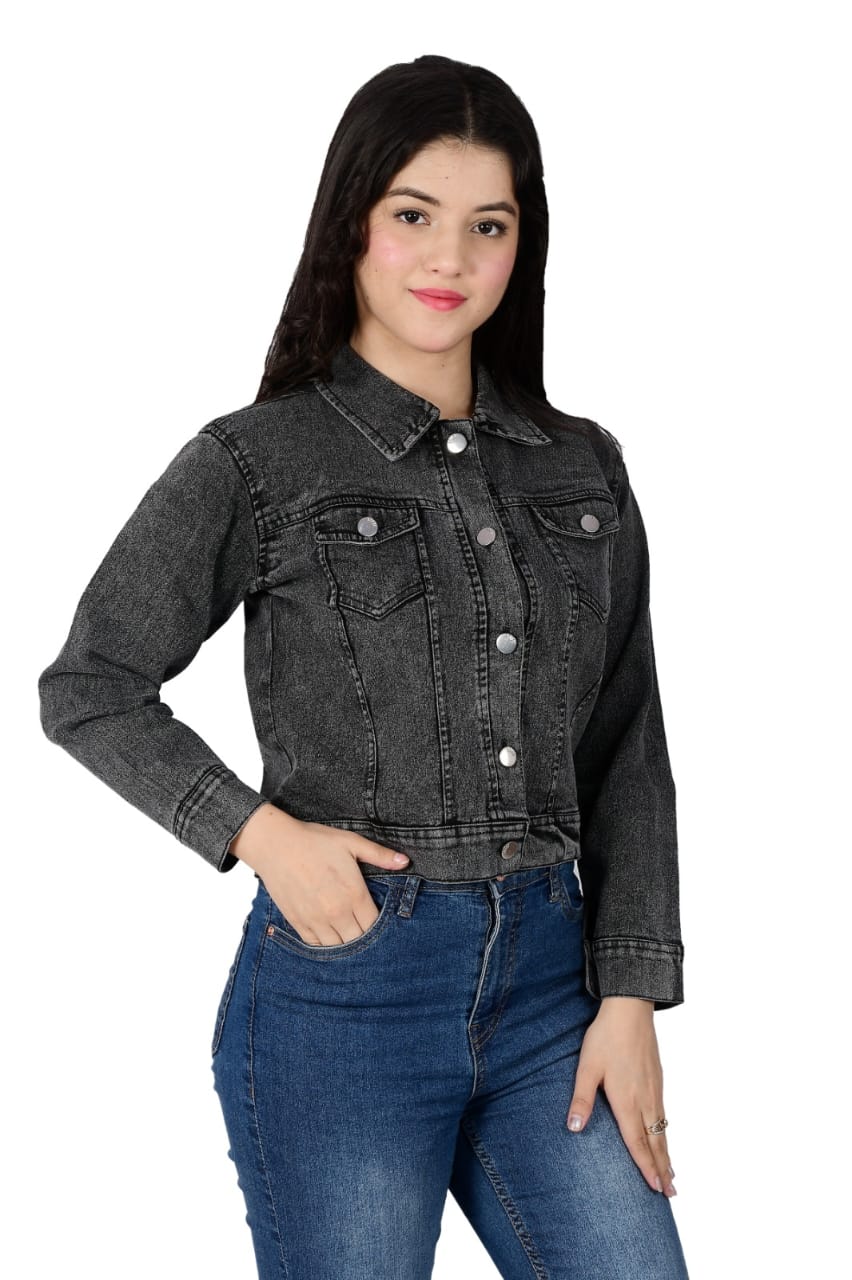 Women’s Black Washed Denim Jacket | Stylish Slim Fit Casual Wear
