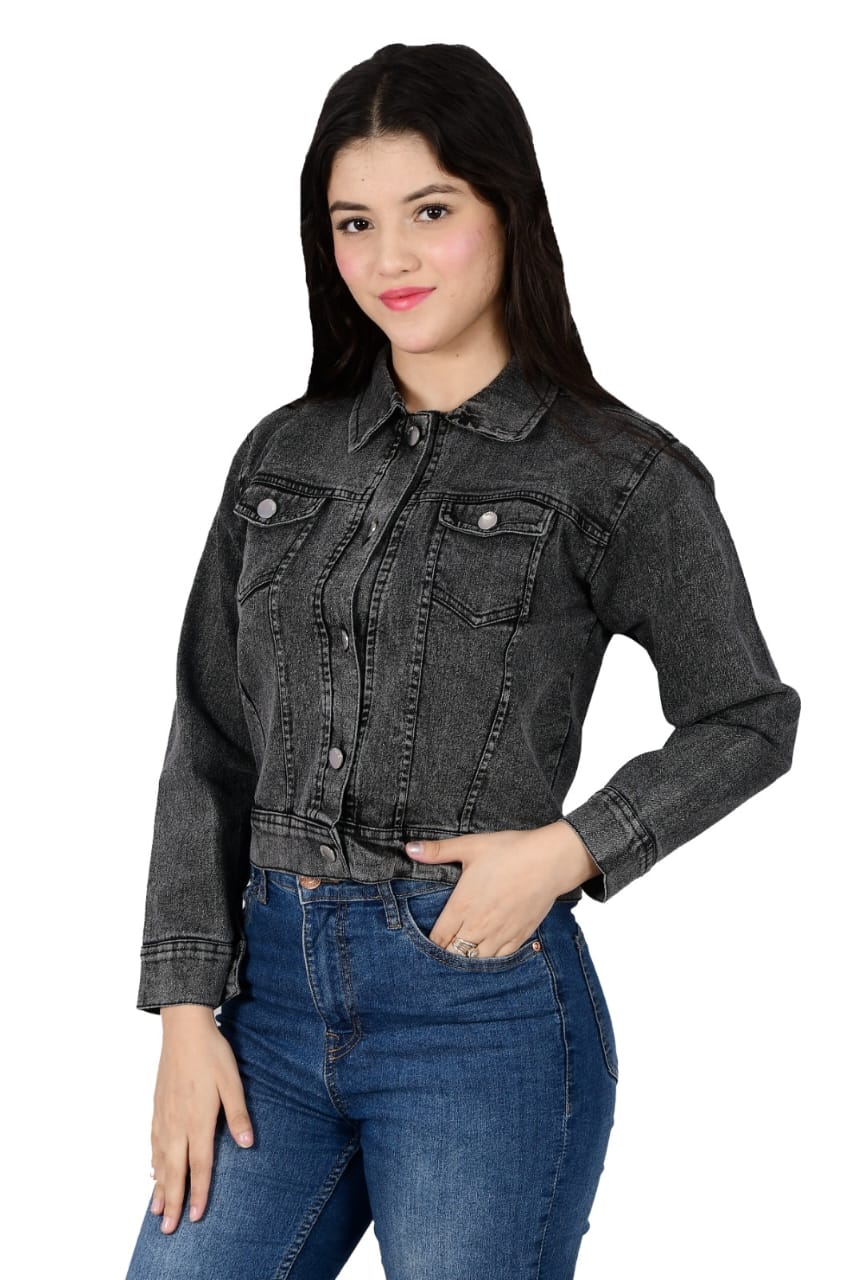 Women’s Black Washed Denim Jacket | Stylish Slim Fit Casual Wear