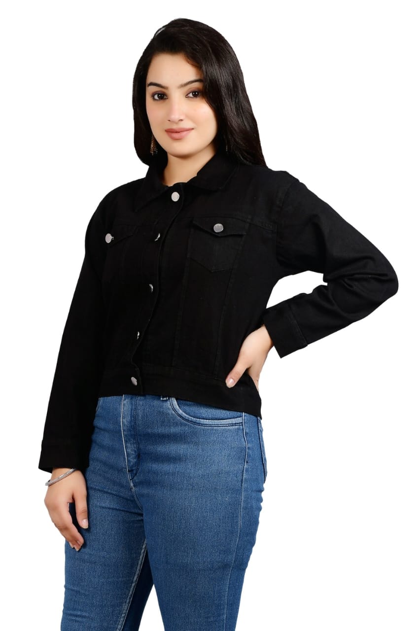 Women’s Black Washed Denim Jacket | Stylish Slim Fit Casual Wear