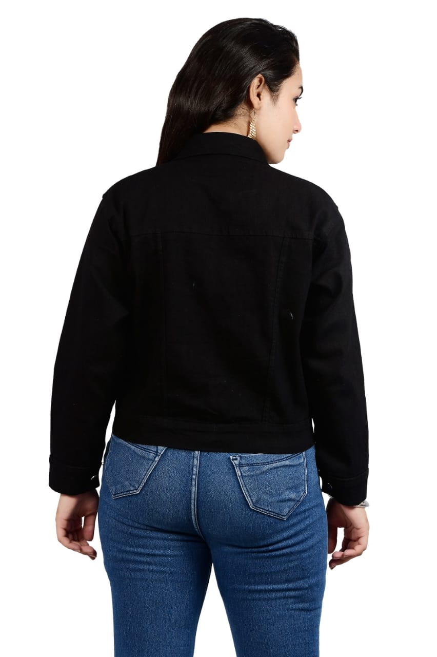 Women’s Black Washed Denim Jacket | Stylish Slim Fit Casual Wear